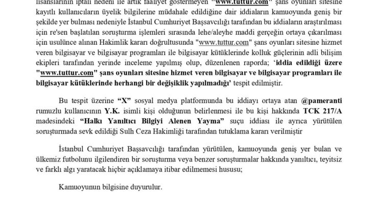 İstanbul Başsavcılığı’ndan “tuttur. com” İddialarına Net Açıklama